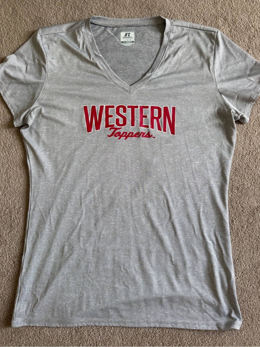 Western Toppers Women's Gray V-Neck Tee with Red Logo